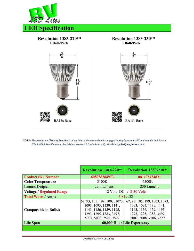 Single Pole Based Starlights 1383-230, 12 Volt Flood LED Replacement Bulb