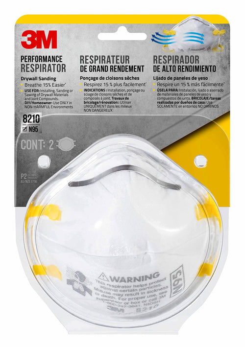 3M Performance Respirator N95 8210, 2 Pack, Drywall Sanding, NIOSH-APPROVED, Advanced Filter Media For Easy Breathing, Cushioning Nose Foam, Adjustable Noseclip, Stretchable Straps (8210D2-DC)