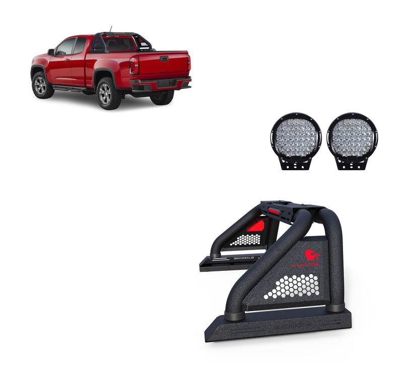 Classic Pro Black Horse Roll Bar Incl.Set of 9" Black Round Led Light Modular Textured Black Compatible with 2020-2024 Jeep Gladiator-RB09MT-PL69B