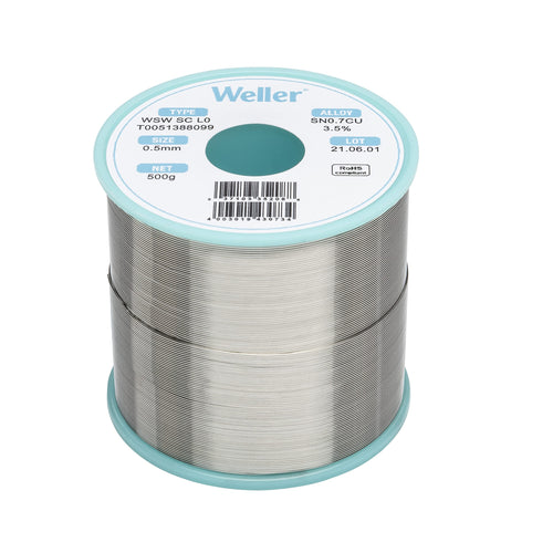 Weller SC WSW L0 (T0051388099) Lead Free Solder Wire, Dia: 0.5 mm / 0.020 in, Wt: 500 g / 17.637 oz, Alloy Sn99.3Cu0.7, Flux content 3.5%