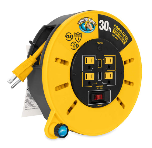 30-Ft Camco 10 Amp RV Extension Cord Reel - Rated for 125V / 1,250W - Features 4 125V Electrical Outlets & 2 USB Ports - Includes On/Off Switch & Built-in Circuit Breaker (55290)