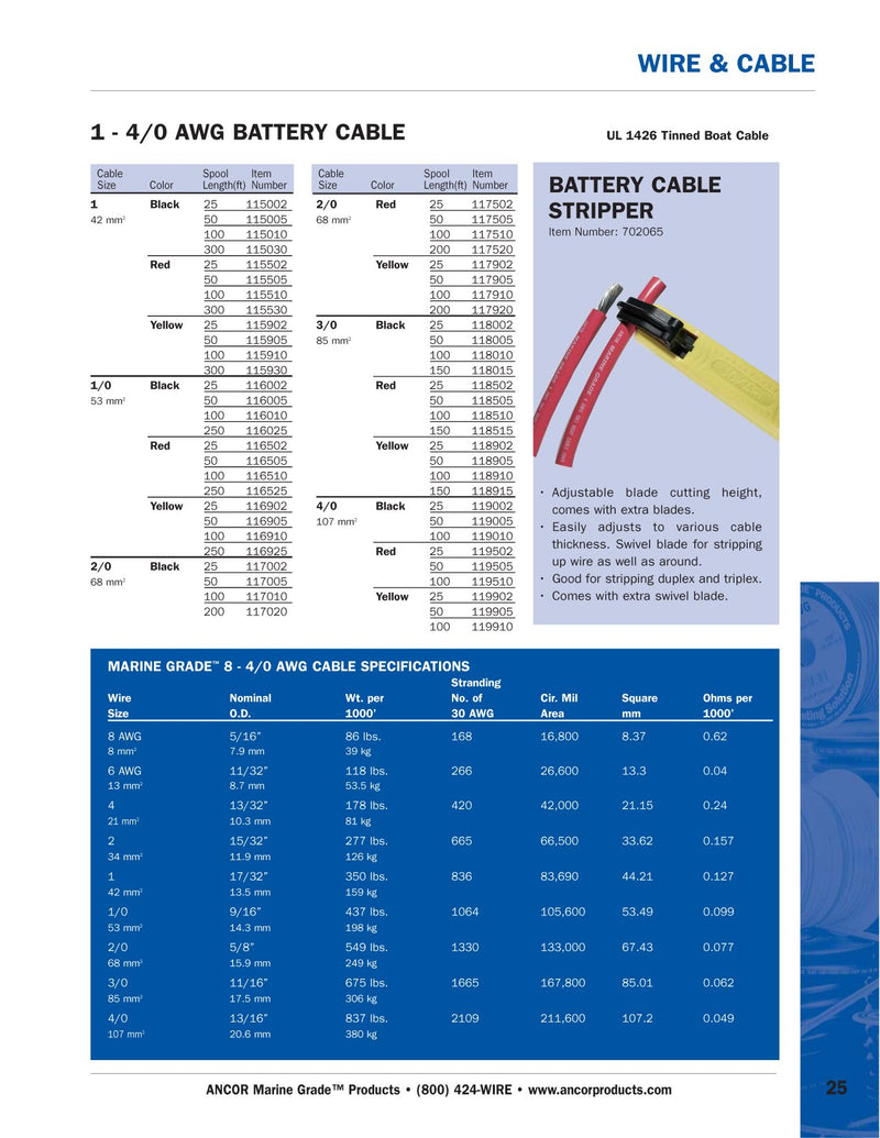 4 AWG Ancor 113905 Tinned Copper Battery Cable, Yellow - 50ft