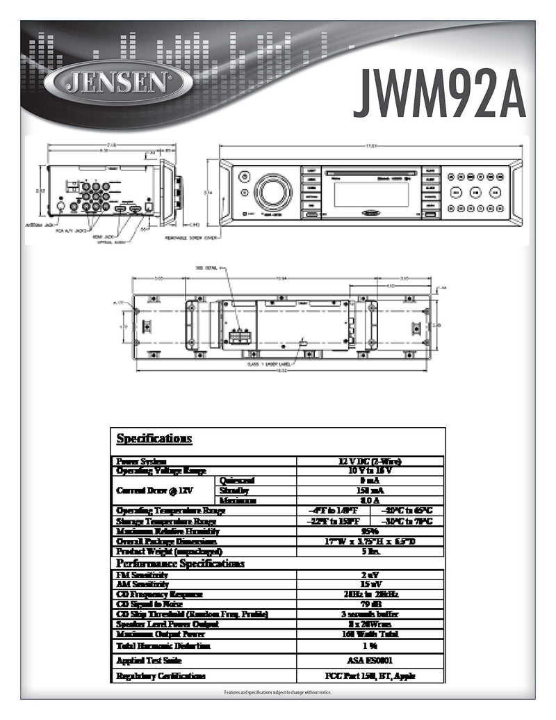 Jensen 3-Speaker JWM92A Zones Slimline Theater-Style DVD|USB|AUX|HDMI|App Ready Bluetooth Wallmount Stereo, Speaker Output 20X 8 Watt, Plays: CD/CD-R/CD-RW/DVD/DVD+R/DVD+RW/DVD-R/DVD-RW/MP3/WMA/JPEG