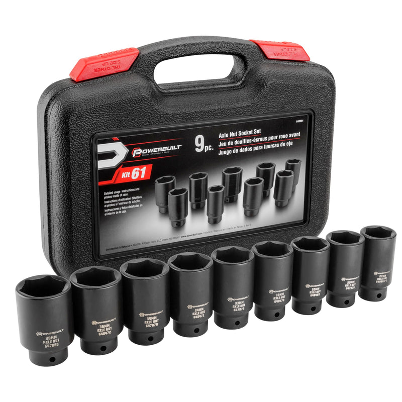 9 Piece Powerbuilt Deluxe Axle Nut Socket Set, Tools for Removing Front Wheel Axle Nuts, Foreign Vehicles - 648991