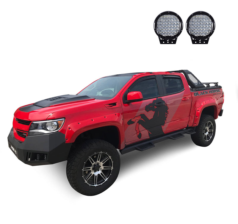 Vigor Black Horse Roll Bar W/Cross Bar Incl.Set of 9" Black Round LED Light Modular Black Compatible with 2015-2022 Chevrolet Colorado|2015-2022 GMC Canyon-VRCB6405B-PL69B