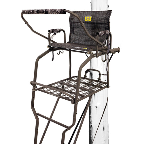 20' Hawk 1.5-Man Bighorn Ladder Stand | Durable Hunting Archery Steel Tree Stand with Chair, Kick-Out Footrest, Flip Back Shooting Rail
