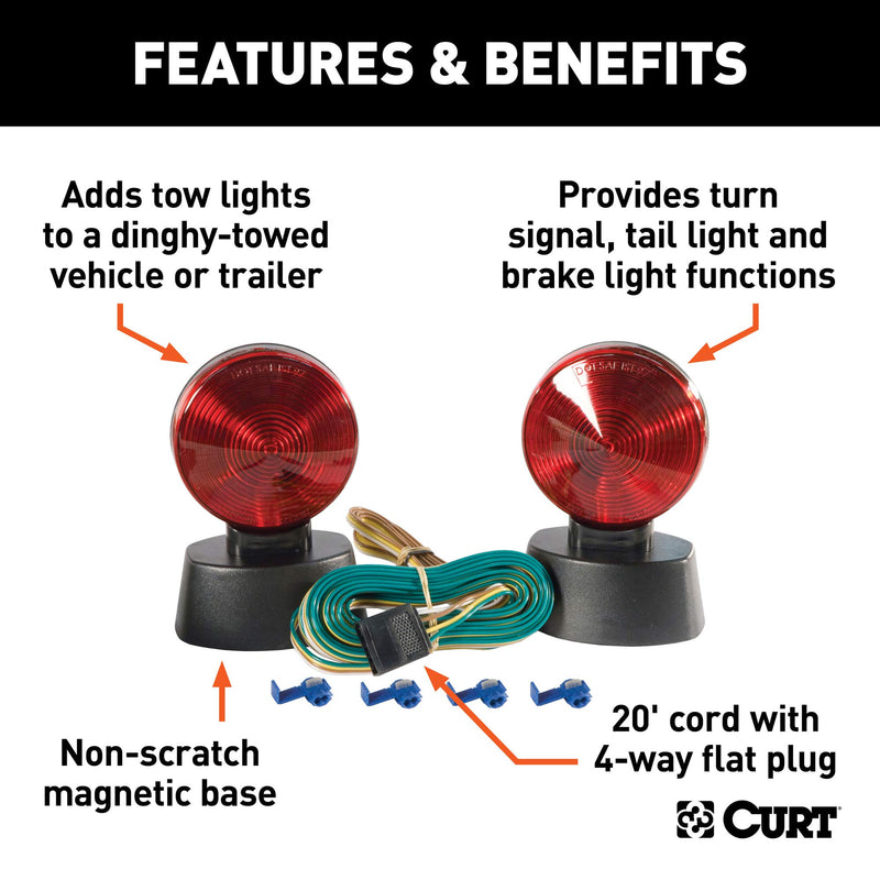 CURT Magnetic Trailer Lights for Towing Dinghy, 4-Pin Flat Plug, Stop Tail Turn, Storage Case