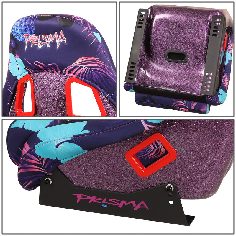 NRG Innovations Prisma FRP-303-PINA Fixed Back Bucket Racing Seat with Bottom Mount Bracket, Invert Tropical Print/Purple Sparkled Paint Back