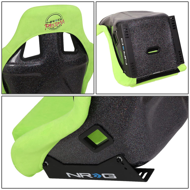 NRG Innovations Universal Fixed Back NRG-FRP-302NG-PRISMA Bucket Racing Seat for 5-Point Harnesses, Size L, Green Alcantara Material, 24" W X 35" H X 18" D