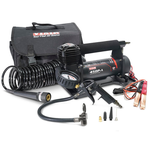 450P-A EF VIAIR Enhanced Flow - 45144 Tire Inflator Portable Air Compressor for Truck & SUV | 100% Duty Cycle @ 100 PSI | 12V Tire Pump Air Compressor | 150 PSI, Any Tire Size (SAE, Alligator Clips)