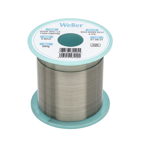 Weller Lead Free Solder Wire WSW SAC L0 (T0051388799), Dia: 0.8 mm / 0.039 in, Wt: 250 g / 8.818 oz, Alloy Sn96.5Ag3.0Cu0.5, Flux content 3.5%
