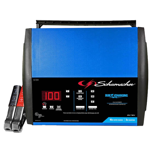 2-in-1 Schumacher Electric Rapid Battery Charger and Maintainer, SC1304 - Fully Automatic, 15 Amps, 12 Volt and 6 Volt, for Motorcycle, Power Sport, Marine, Car, and Truck Batteries