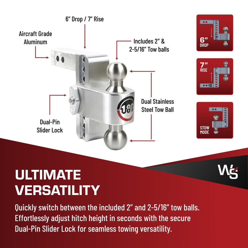 Weigh Safe Adjustable Trailer Hitch Ball Mount - 6" Hitch Adjustable Drop for 2" Receiver - Premium Heavy Duty Aluminum Trailer Tow Hitch w/ Stainless Steel Tow Balls (2" & 2 5/16") - 12,500 lbs GTW