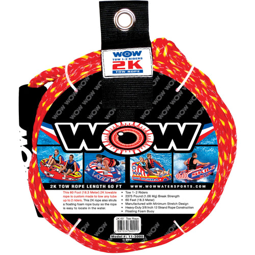 WOW Sports 2k World of Watersports 60 ft. Tow Rope with Floating Foam Buoy 1 or 2 Person Tow Rope for Boating, 11-3000, Red