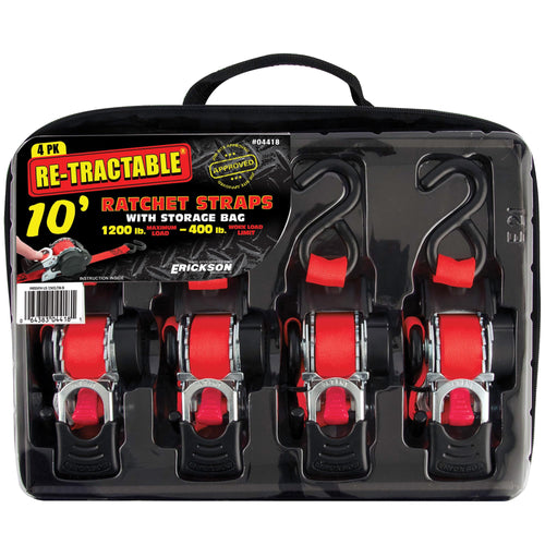1" x 10' Retractable Ratcheting Tie-Down Strap Erickson 04418 Pro Series, (Storage Bag of 4, 1200 lb Load Capacity)