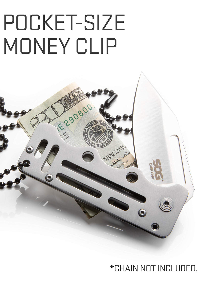 SOG Money Clip Cash Card Pocket Knife- 2.75 Inch Blade EDC Knife with Clip for Pocket, Money or Card Holder, Stainless Steel Handle with Built-In Lanyard Hole (EZ1-CP), Onesize, Satin Polished