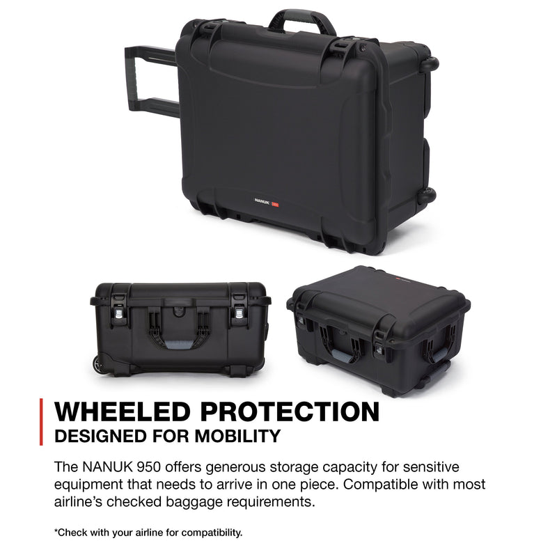 Waterproof NANUK 950 Hard Case with Wheels and Padded Divider - Black