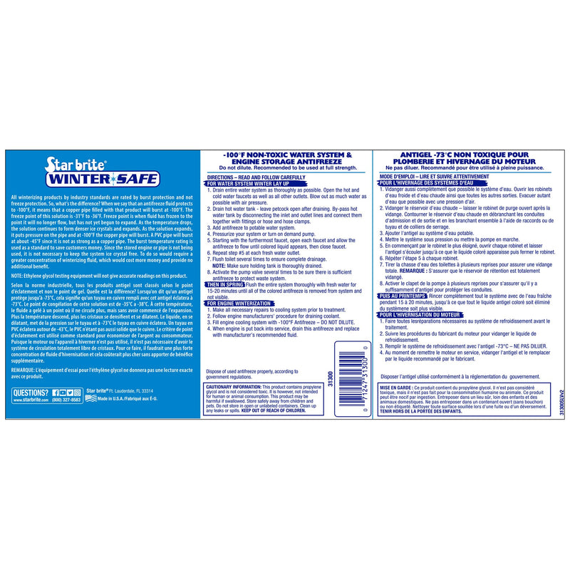 Winter Safe STAR BRITE -100°F Non-Toxic Antifreeze for Water Systems & Engine Storage – Safe for All Pipes, RVs, Boats, and Home Plumbing