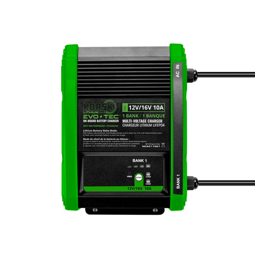 12V/16V Norsk Lithium EVO-TEC™ 10A 1 Bank Selectable On-Board Marine Charger | Marine Battery Charger for LiFePO4, AGM, and Lead Acid Batteries | Wake Mode
