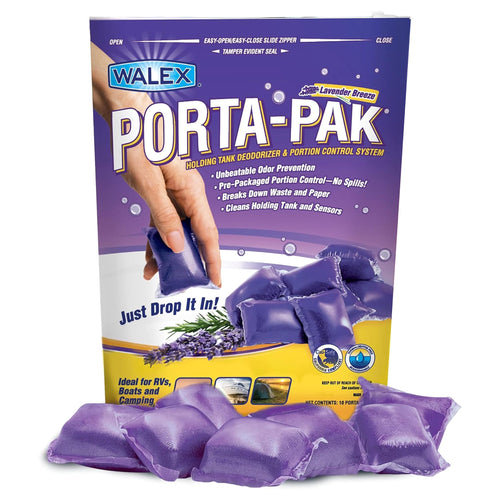 Walex Black Porta-Pak Holding Tank Deodorizer & Portion Control System Drop-Ins - Rapid Breakdown of Waste & Paper, Odor Prevention, Cleans Tank & Sensors - Lavender Breeze, 10-Pack