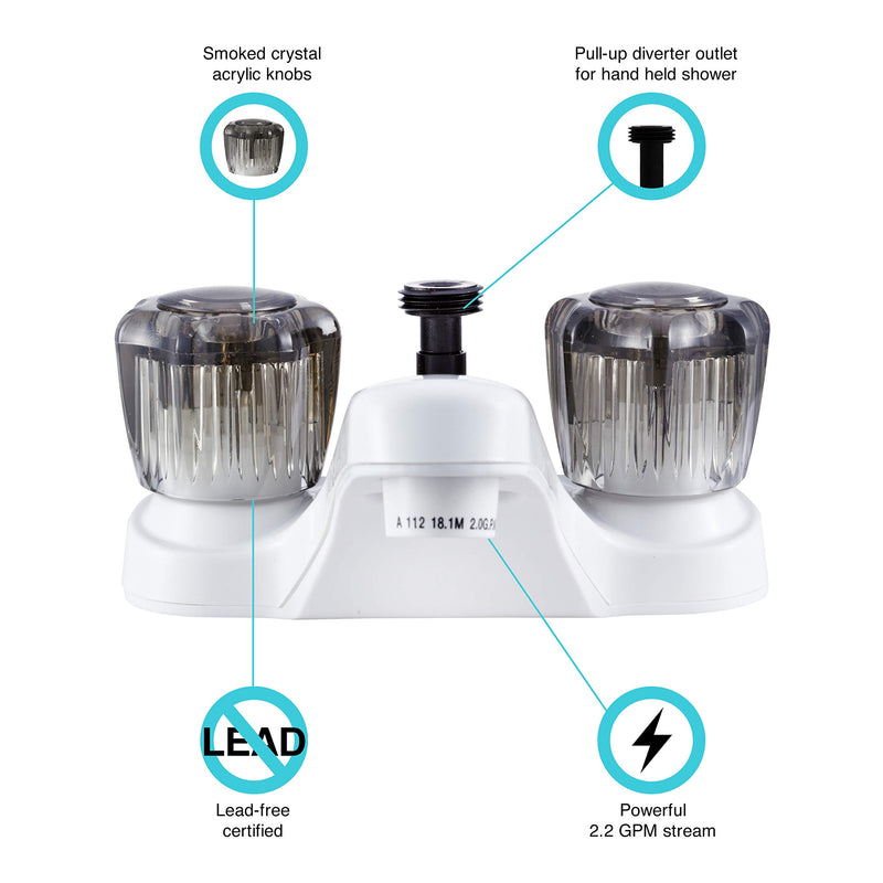 Dura Faucet RV Bathroom Faucet DF-PL720S-WT with Smoked Acrylic Knobs and Shower Hose Diverter (White)