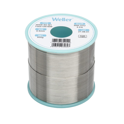 Weller M1 WSW (T0051387699) Lead Free Solder Wire, Dia: 0.5 mm / 0.020 in, Wt: 500 g / 17.637 oz, Alloy Sn99.3Cu0.7, Flux content 3.5%