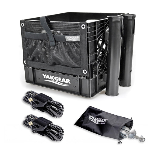 Kayak Angler Kit Crate – Basic YakGear | Complete Kayak Fishing Storage System with Double Rod Holder, Accessory Pouch, Anchor Kit, Utility Leashes & Heavy-Duty Milk Crate