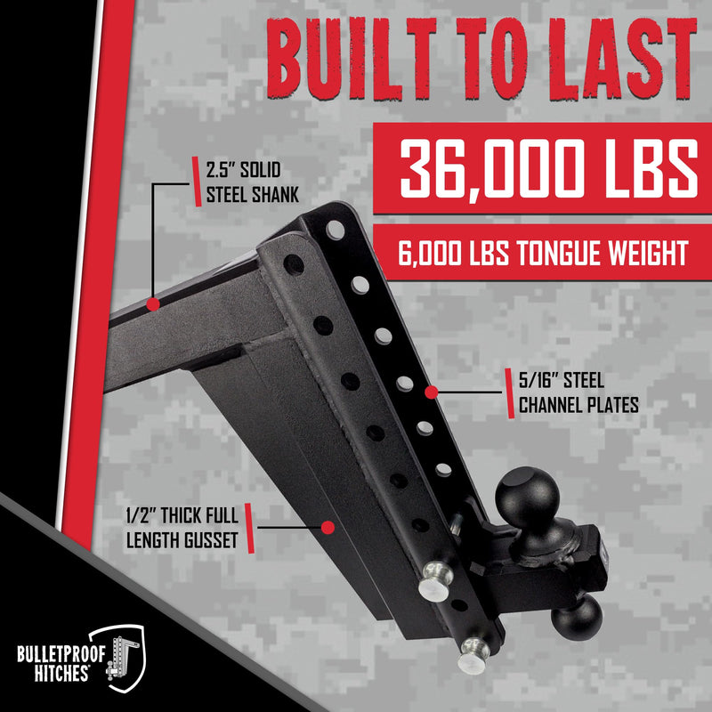 2.5" BulletProof Hitches Adjustable Extreme Duty Trailer Hitch (36,000 lb. Rating) - 12" Drop/Rise with 2" and 2 5/16" Dual Ball - Powder Coat, Solid Steel, Corrosion-Resistant