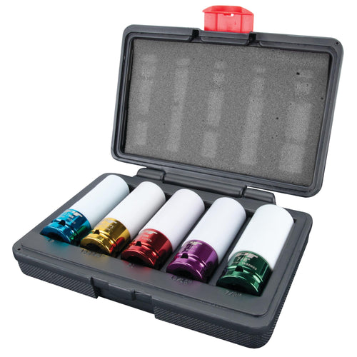 5pc Performance Tool W32902 Metric& SAE 1/5-Inch Drive Impact Socket Tool Set, 17, 19, 21mm & 13/16-Inch, 7/8-Inch, Non-Marring Protective Wheel Lug Nut Impact Socket Set