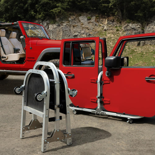 4 Door Aluminum-Silver Folding Rolling Door Cart, Storage Door Rack Holder Stand fits Jeep® Wrangler JL JLU JK JKU TJ YJ and Gladiator JT Patented