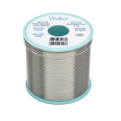 Weller M1 WSW SAC (T0051386099) Lead Free Solder Wire, Dia: 1.6 mm / 0.063 in, Wt: 500 g / 17.637 oz, Alloy Sn96.5Ag3.0Cu0.5, Flux content 3.5%