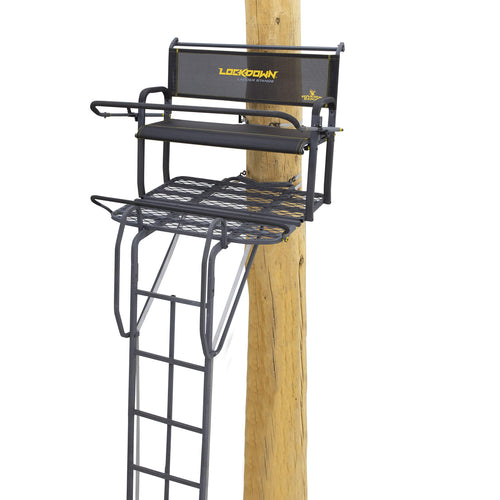 Lockdown™ 21' 2-Man Rivers Edge®, Towering 21' Height, Flip-Up TearTuff™ Mesh Bench Seat, The Ultimate Shooting Rail™, Patent-Pending Ground-Level Ratcheting Technology™, LD202