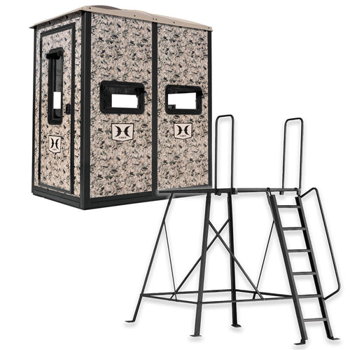 Double Hawk Hunting 4' W x 6' D x 6.5' T Assembled Camo Concealing Insulated Steel Box Blind | Floor with Rubber Pad and Multiple One-Hand-Operable Windows | Blind w/ 5ft Elite Tower