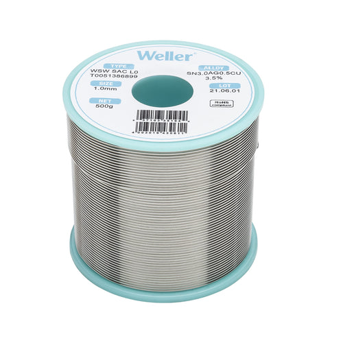 Weller Lead Free Solder Wire WSW SAC L0 (T0051388899), Dia: 1.0 mm / 0.039 in, Wt: 250 g / 8.818 oz, Alloy Sn96.5Ag3.0Cu0.5, Flux content 3.5%