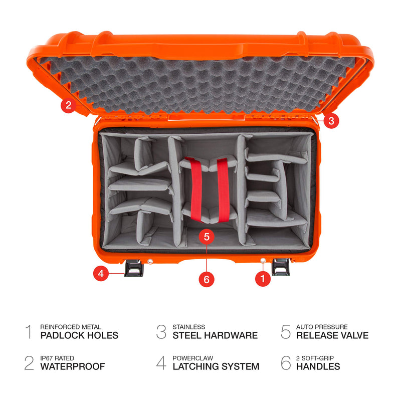 Waterproof NANUK 938 Hard Case with Wheels and Padded Divider - Orange