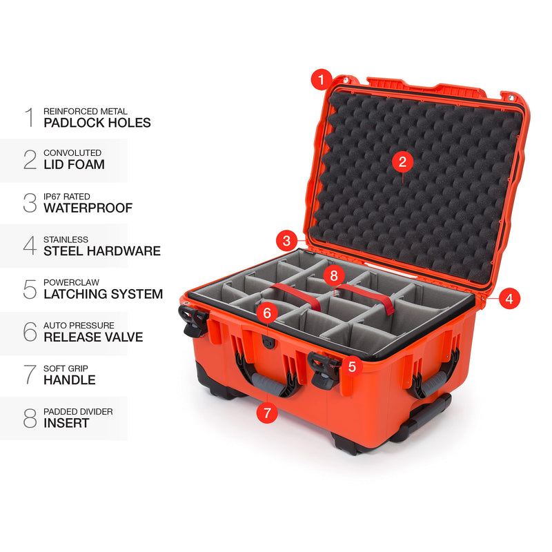NANUK Waterproof Hard Case 950 with Wheels and Padded Divider - Orange