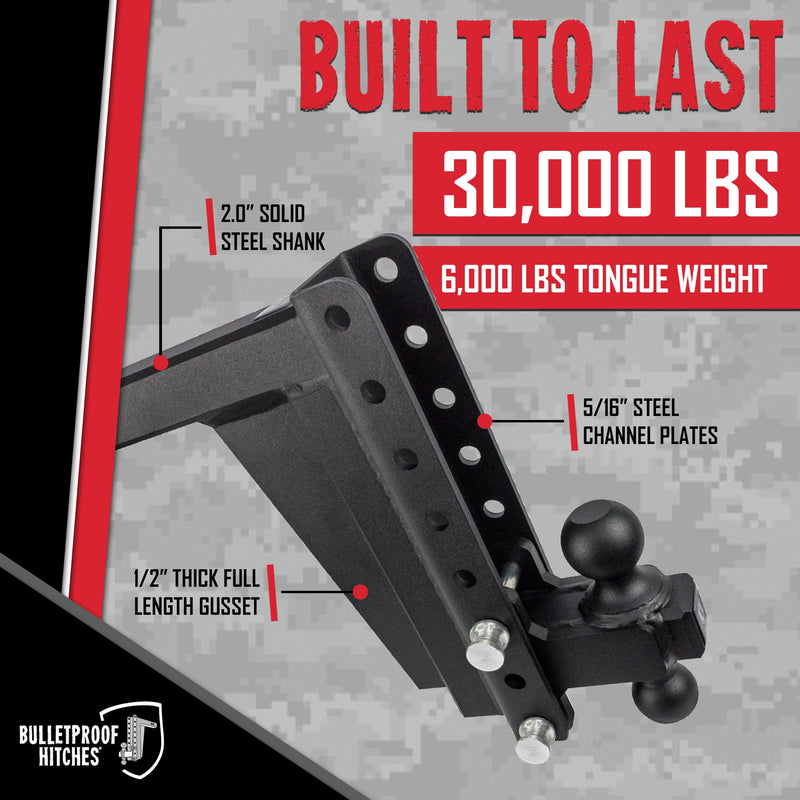 2.0" BulletProof Hitches Adjustable Extreme Duty Trailer Hitch (30,000 lb. Rating) - 10" Drop/Rise with 2" and 2 5/16" Dual Ball - Powder Coat, Solid Steel, Corrosion-Resistant