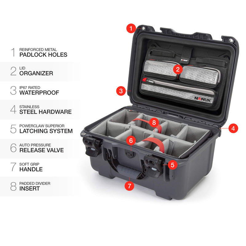 Waterproof Nanuk 918 Hard Case with Lid Organizer and Padded Divider - Graphite