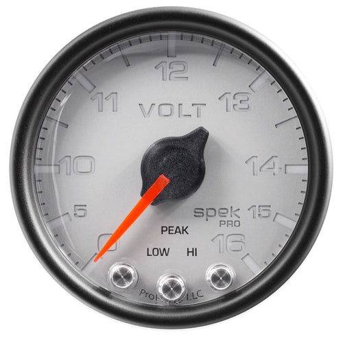 Gauge AUTO METER P34422 Voltmeter (Spek-Pro 2 1/16", 16V, Stepper Motorwith Peak & Warn, Slvr/Blk, Spek-Pro)