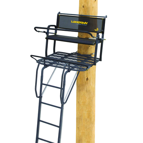 Lockdown™ 2-Man Rivers Edge® 17' Height, Flip-Up TearTuff™ Mesh Bench Seat, The Ultimate Shooting Rail, Patent-Pending Ground-Level Ratcheting Technology™, LD203