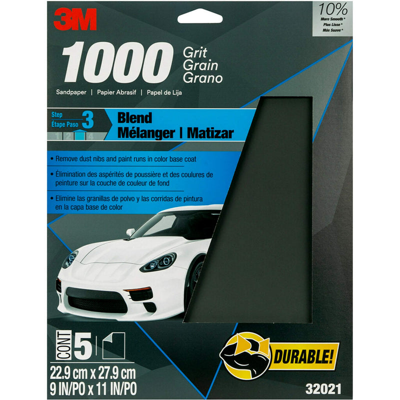 3M Sandpaper Wetordry, 32021, 1000 grit, 9 in x 11 in, 5 Sheets Per Pack