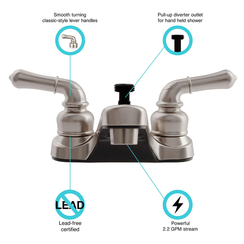 Dura Faucet RV Bathroom Faucet DF-PL720C-SN with Classical Handles and Shower Hose Diverter (Brushed Satin Nickel)