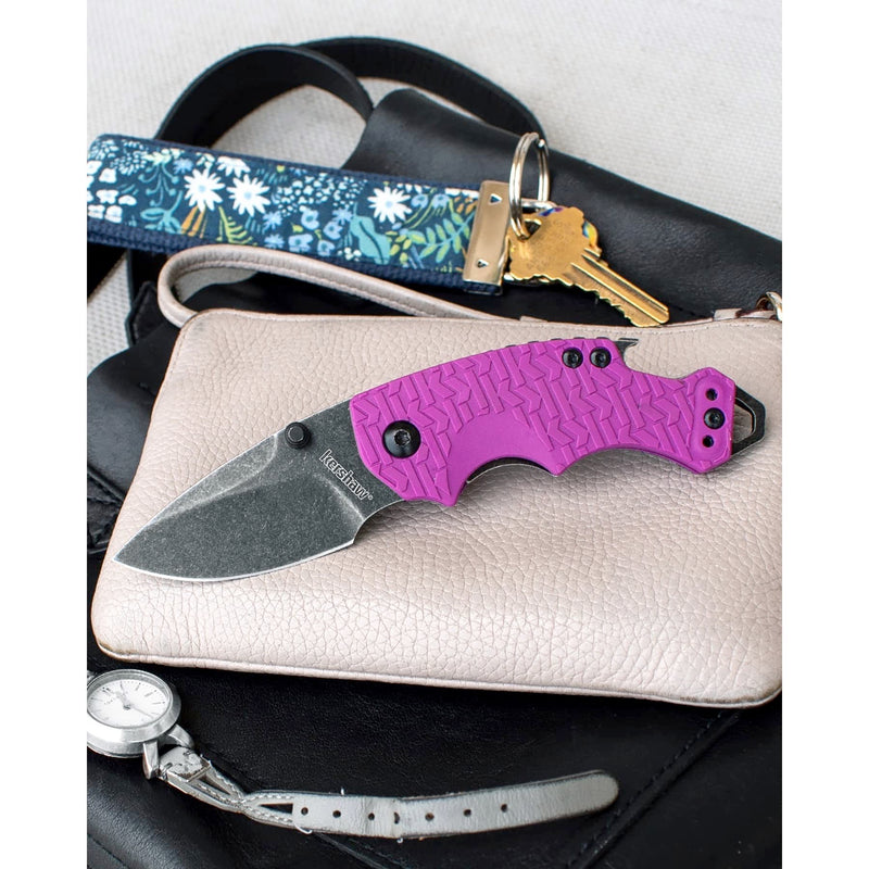 Kershaw Shuffle (8700PURBW); Pocket Knife Multifunction, 2.4” Stainless Steel Blade with BlackWash Finish, Purple K-Texture Grip, Liner Lock, Deep-Carry Pocketclip, Screwdriver, Bottle Opener, 2.8 OZ