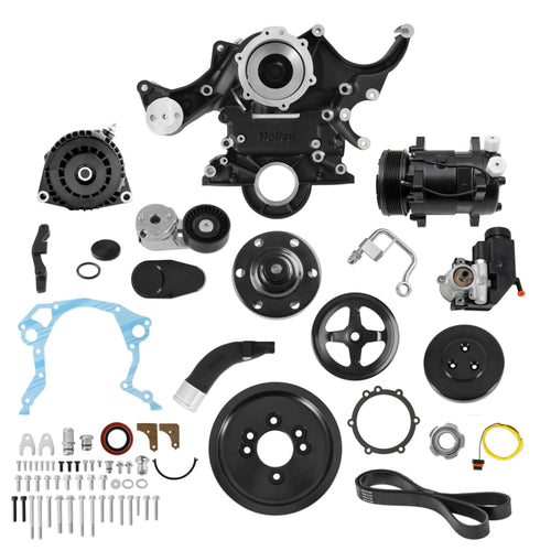 Holley Complete Serpentine Drive Front Accessory Conversion System | Mid-Mount with Water Pump, Alternator, A/C & Power Steering | Fits 289-302-351W Small Block Ford Black Finish 20-370BK