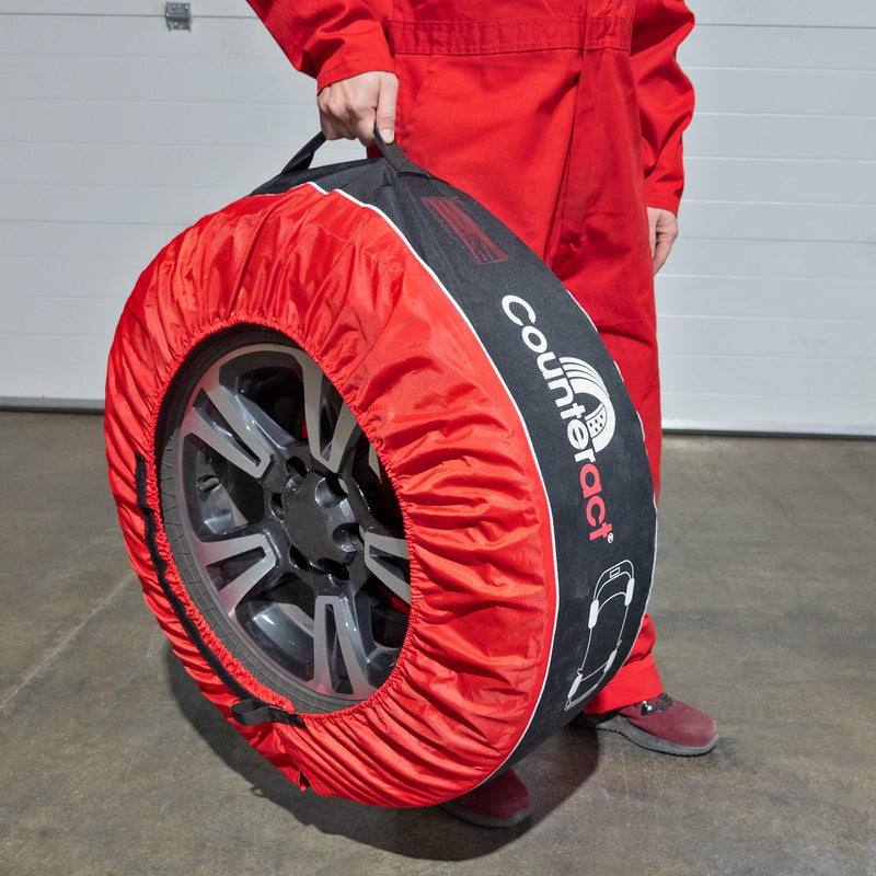 Counteract 4 Pack Tire Cover - Black & Red Oxford Fabric 600D - Size M (12-19") - Ideal RV Tire Covers and Tire Covers for Trailers, Cars, Trucks, SUV - Handlebar, Window Card, Tire Identifying Image