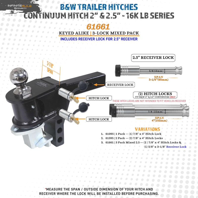 3 Pack Mixed, Keyed Alike, Hitch Locks for B&W 2.5" & 2" Continuum Hitch - Includes Lock for 2.5" Receiver