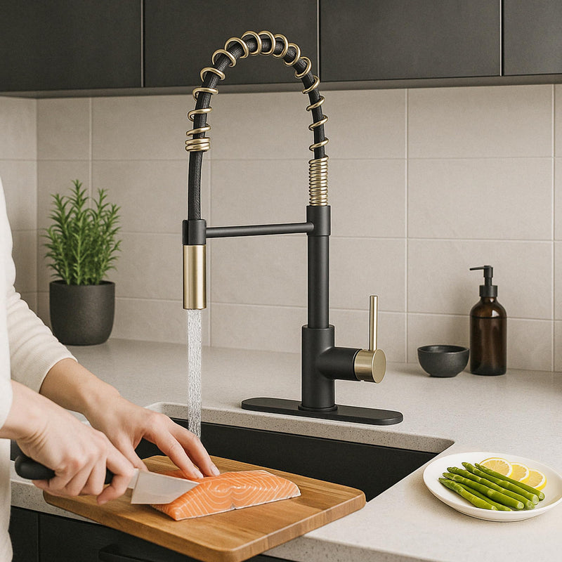 Dura Faucet RV Swivel DF-MK504SLK-MB High-Arc Spring Kitchen Sink Faucet - Single Handle - Kitchen Faucet with Pull-Down Sprayer - Optional Deck Plate (Matte Black/Matte Gold)