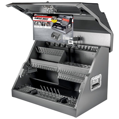 Powerbuilt 26 Inch Rapid Portable Slant Front Toolbox Tiered Tool Holders, 16 Gauge Steel, Weather-Resistant Lockable Magnetic Lid, Grey - 240102