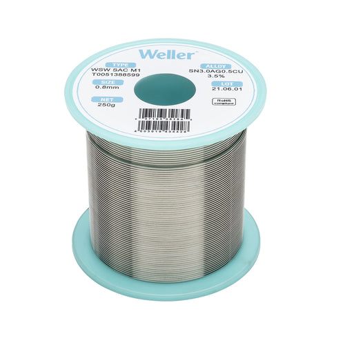 Weller Lead Free Solder Wire WSW SAC M1 (T0051388599), Dia: 0.8 mm / 0.039 in, Wt: 250 g / 8.818 oz, Alloy Sn96.5Ag3.0Cu0.5, Flux content 3.5%