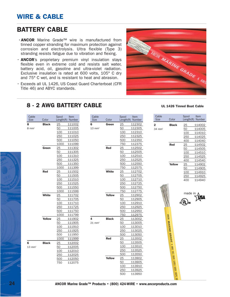 4 AWG Ancor 113905 Tinned Copper Battery Cable, Yellow - 50ft